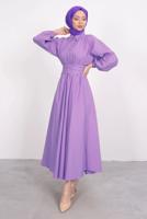 Tesettür giyim MOR GÖMLEK YAKA KUŞAKLI ELBİSE T 9005