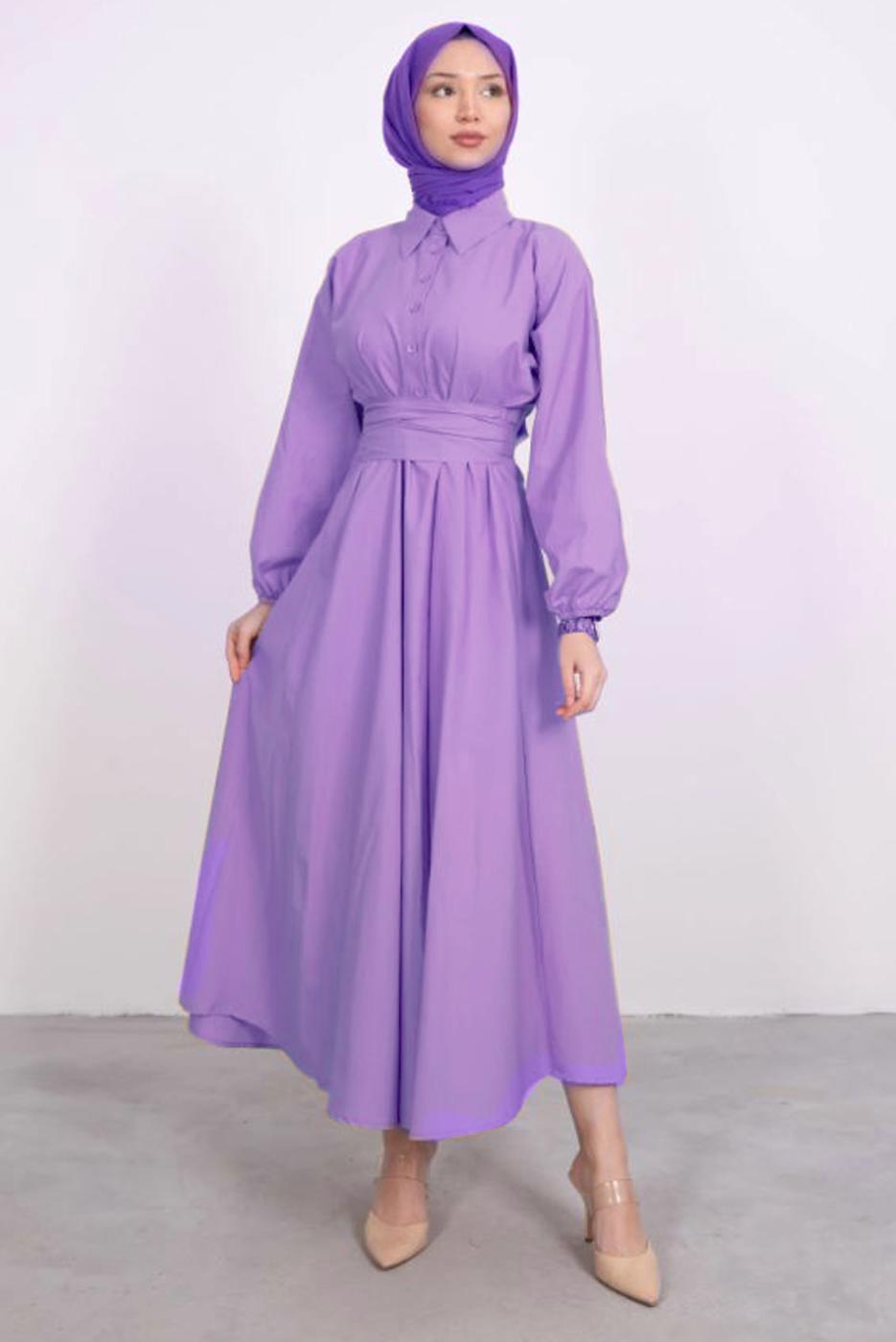 Tesettür giyim MOR GÖMLEK YAKA KUŞAKLI ELBİSE T 9005