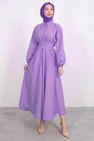 Tesettür giyim MOR GÖMLEK YAKA KUŞAKLI ELBİSE T 9005