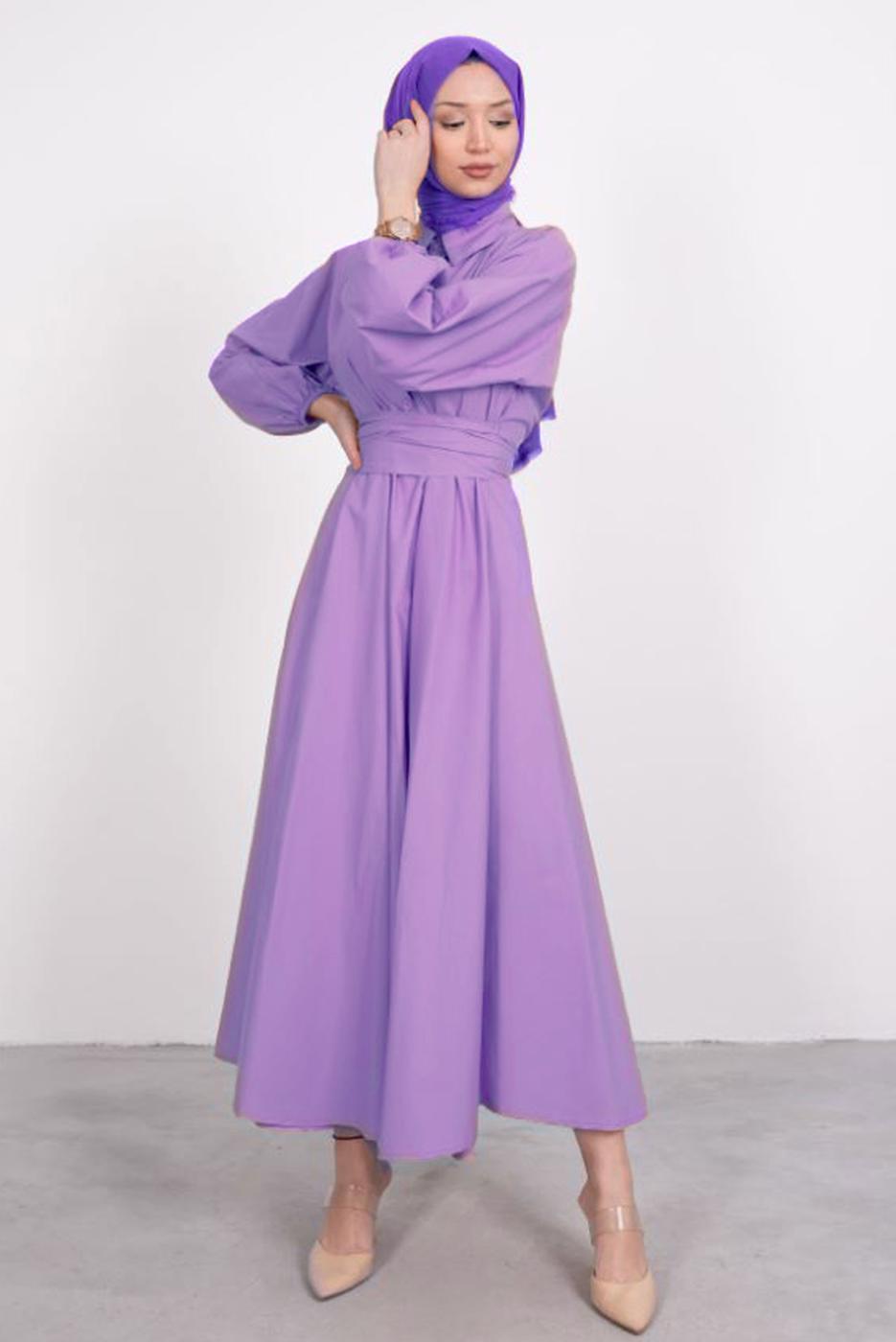 Tesettür giyim MOR GÖMLEK YAKA KUŞAKLI ELBİSE T 9005