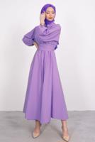 Tesettür giyim MOR GÖMLEK YAKA KUŞAKLI ELBİSE T 9005