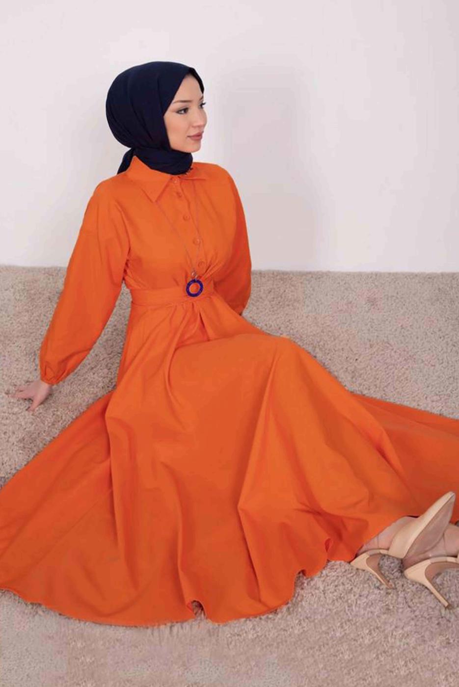Tesettür giyim TURUNCU GÖMLEK YAKA KUŞAKLI ELBİSE T 9005