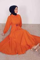 Tesettür giyim TURUNCU GÖMLEK YAKA KUŞAKLI ELBİSE T 9005