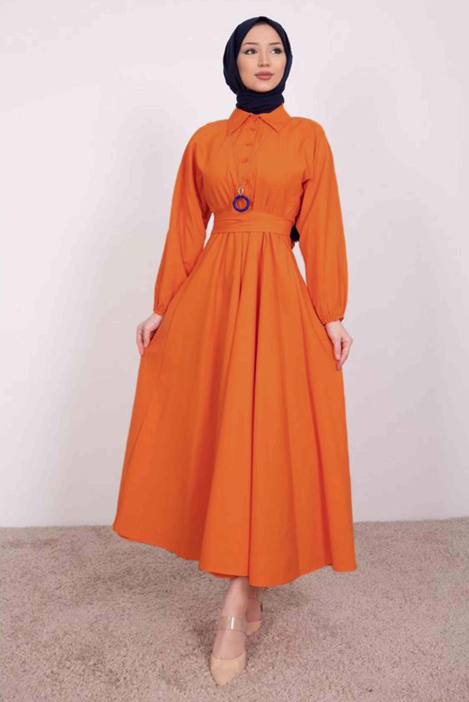 Tesettür giyim TURUNCU GÖMLEK YAKA KUŞAKLI ELBİSE T 9005
