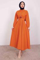 Tesettür giyim TURUNCU GÖMLEK YAKA KUŞAKLI ELBİSE T 9005