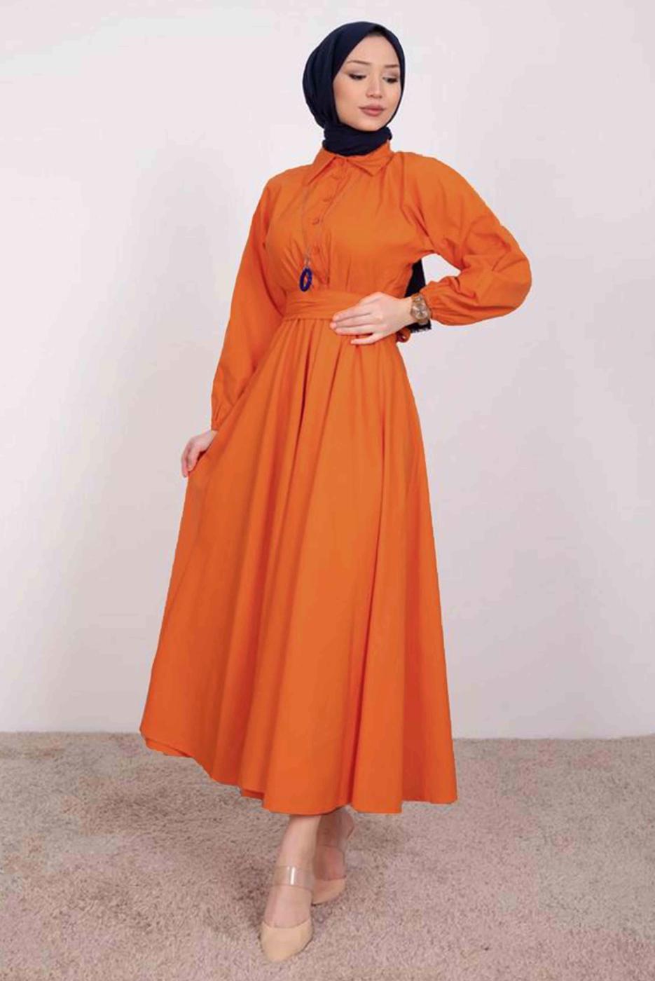 Tesettür giyim TURUNCU GÖMLEK YAKA KUŞAKLI ELBİSE T 9005