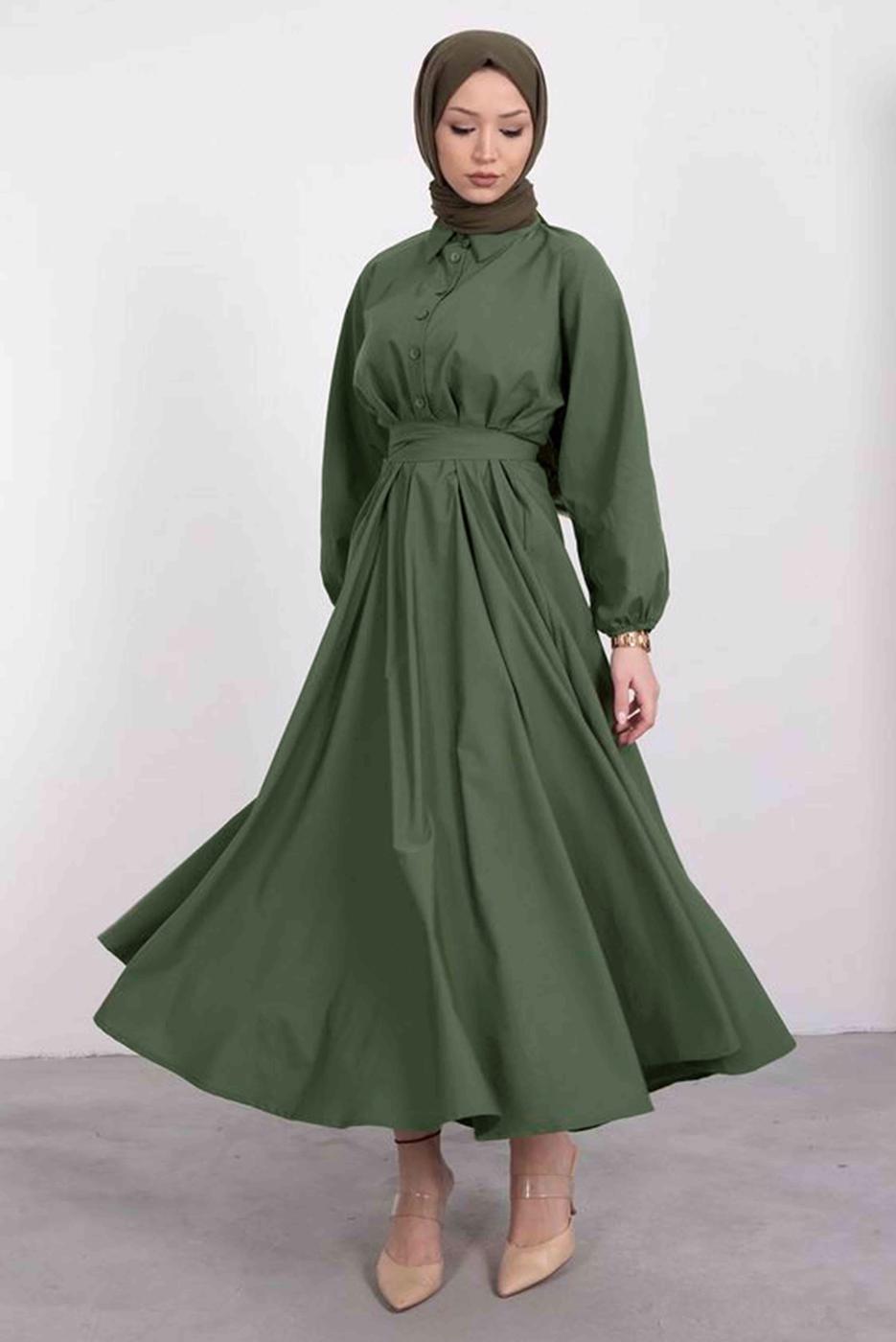 Tesettür giyim HAKİ GÖMLEK YAKA KUŞAKLI ELBİSE T 9005