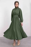 Tesettür giyim HAKİ GÖMLEK YAKA KUŞAKLI ELBİSE T 9005