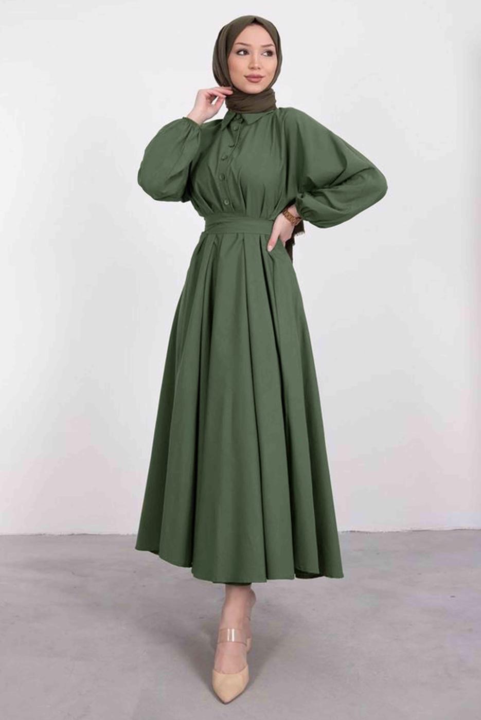 Tesettür giyim HAKİ GÖMLEK YAKA KUŞAKLI ELBİSE T 9005