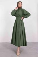 Tesettür giyim HAKİ GÖMLEK YAKA KUŞAKLI ELBİSE T 9005