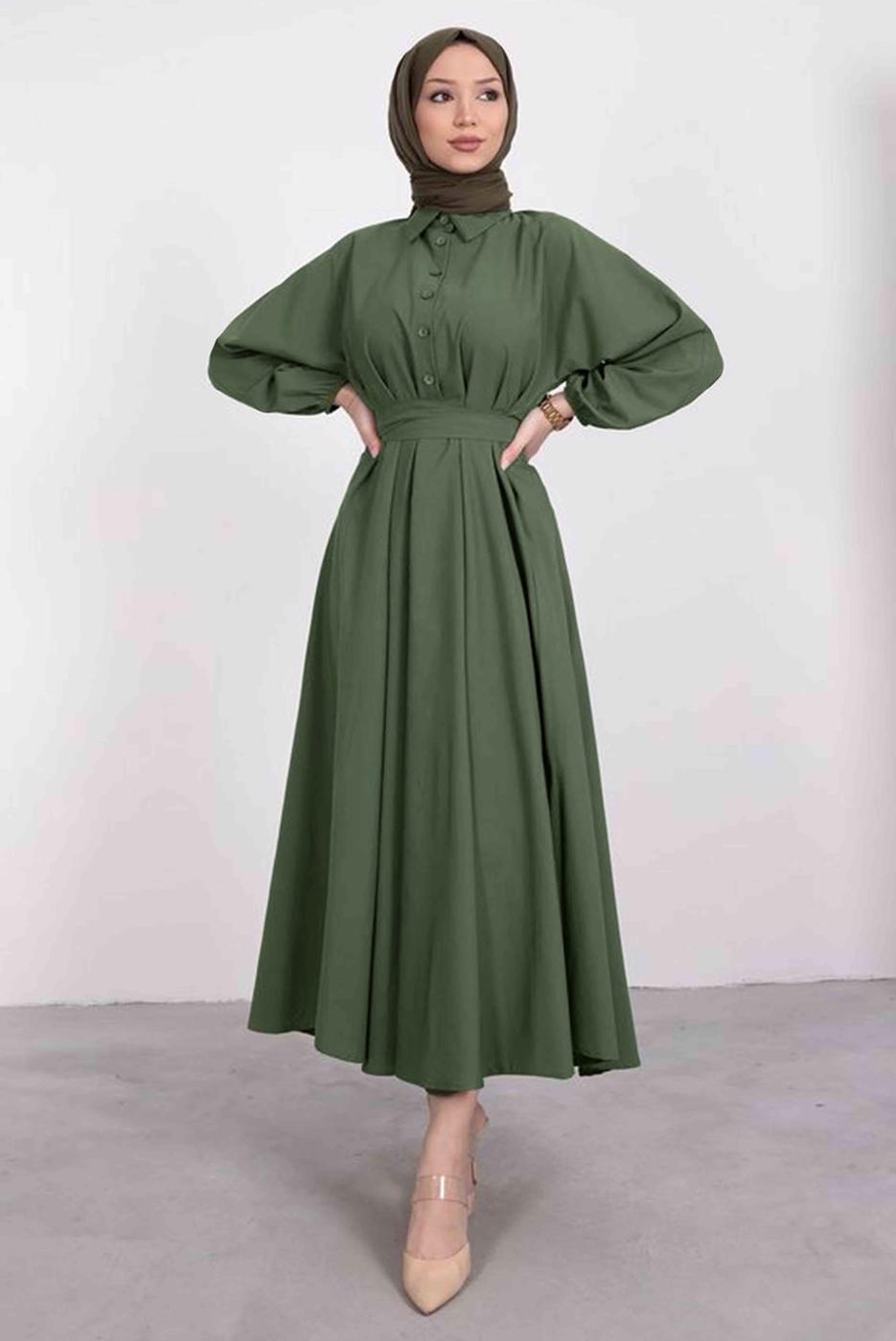 Tesettür giyim HAKİ GÖMLEK YAKA KUŞAKLI ELBİSE T 9005