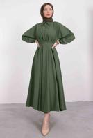 Tesettür giyim HAKİ GÖMLEK YAKA KUŞAKLI ELBİSE T 9005