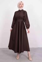 Tesettür giyim KAHVE GÖMLEK YAKA KUŞAKLI ELBİSE T 9005