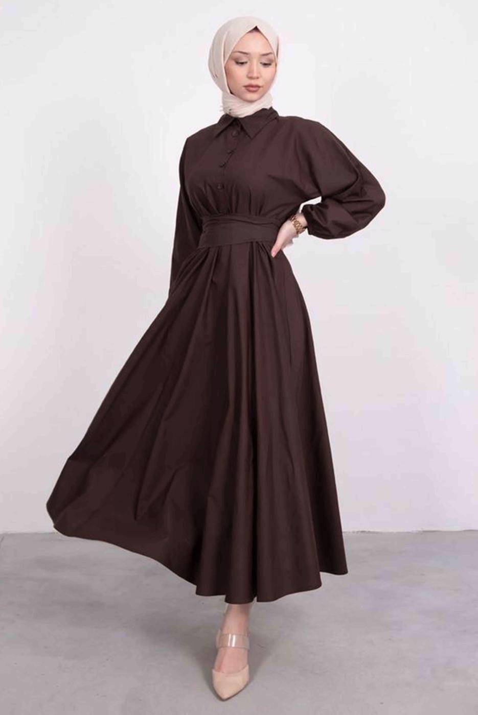 Tesettür giyim KAHVE GÖMLEK YAKA KUŞAKLI ELBİSE T 9005
