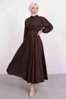 Tesettür giyim KAHVE GÖMLEK YAKA KUŞAKLI ELBİSE T 9005