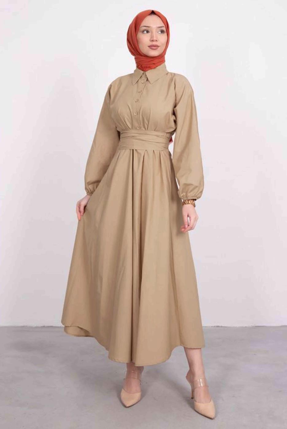 Tesettür giyim VİZON GÖMLEK YAKA KUŞAKLI ELBİSE T 9005