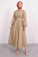 Tesettür giyim VİZON GÖMLEK YAKA KUŞAKLI ELBİSE T 9005