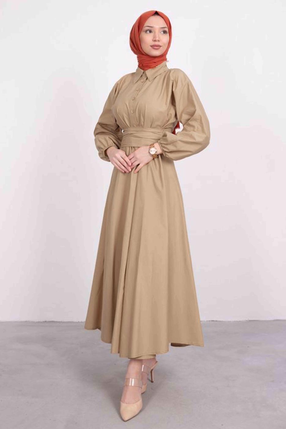 Tesettür giyim VİZON GÖMLEK YAKA KUŞAKLI ELBİSE T 9005