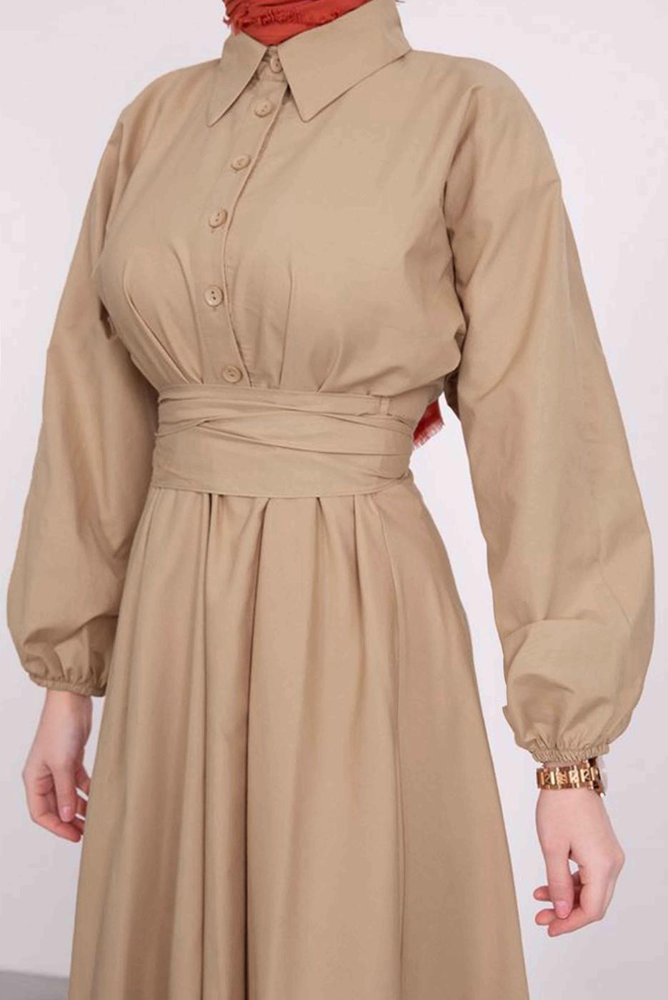 Tesettür giyim VİZON GÖMLEK YAKA KUŞAKLI ELBİSE T 9005