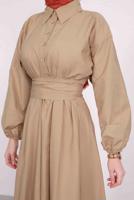 Tesettür giyim VİZON GÖMLEK YAKA KUŞAKLI ELBİSE T 9005