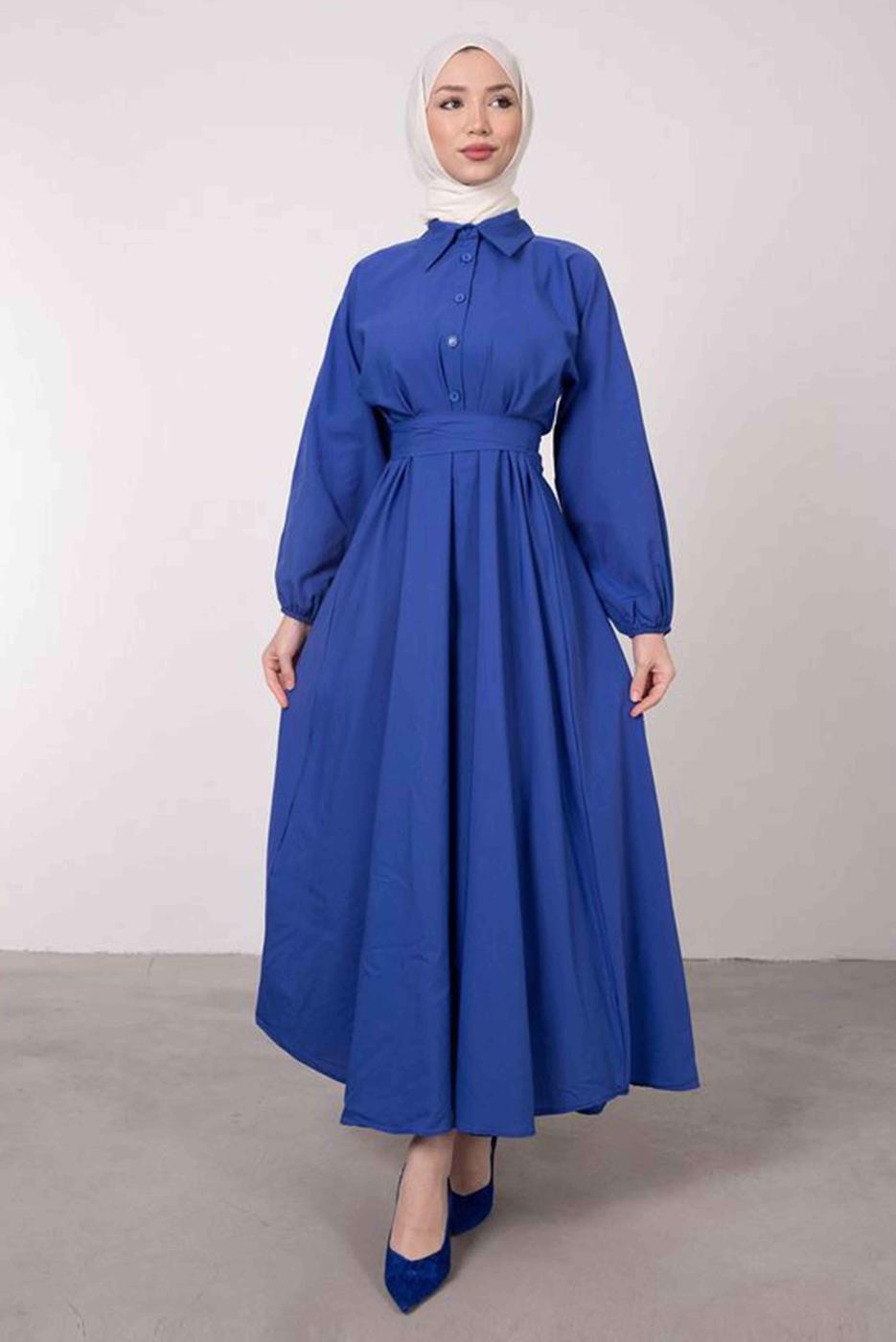 Tesettür giyim LACİVERT GÖMLEK YAKA KUŞAKLI ELBİSE T 9005