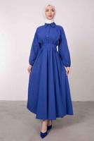 Tesettür giyim LACİVERT GÖMLEK YAKA KUŞAKLI ELBİSE T 9005