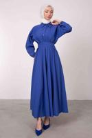 Tesettür giyim LACİVERT GÖMLEK YAKA KUŞAKLI ELBİSE T 9005