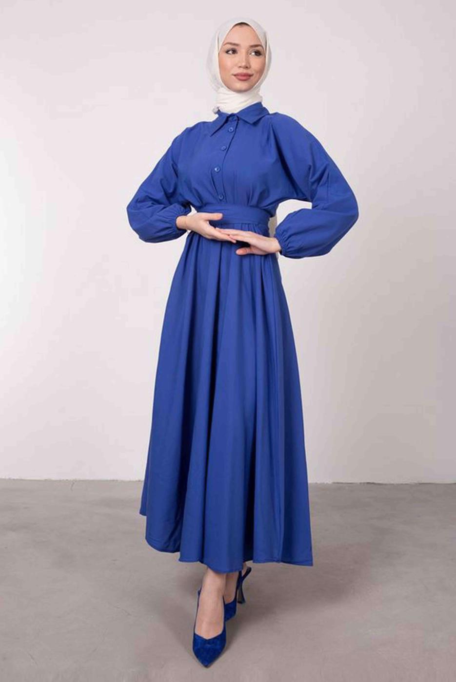 Tesettür giyim LACİVERT GÖMLEK YAKA KUŞAKLI ELBİSE T 9005
