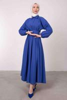 Tesettür giyim LACİVERT GÖMLEK YAKA KUŞAKLI ELBİSE T 9005