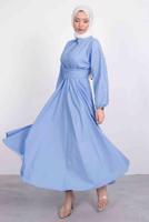 Tesettür giyim MAVİ GÖMLEK YAKA KUŞAKLI ELBİSE T 9005