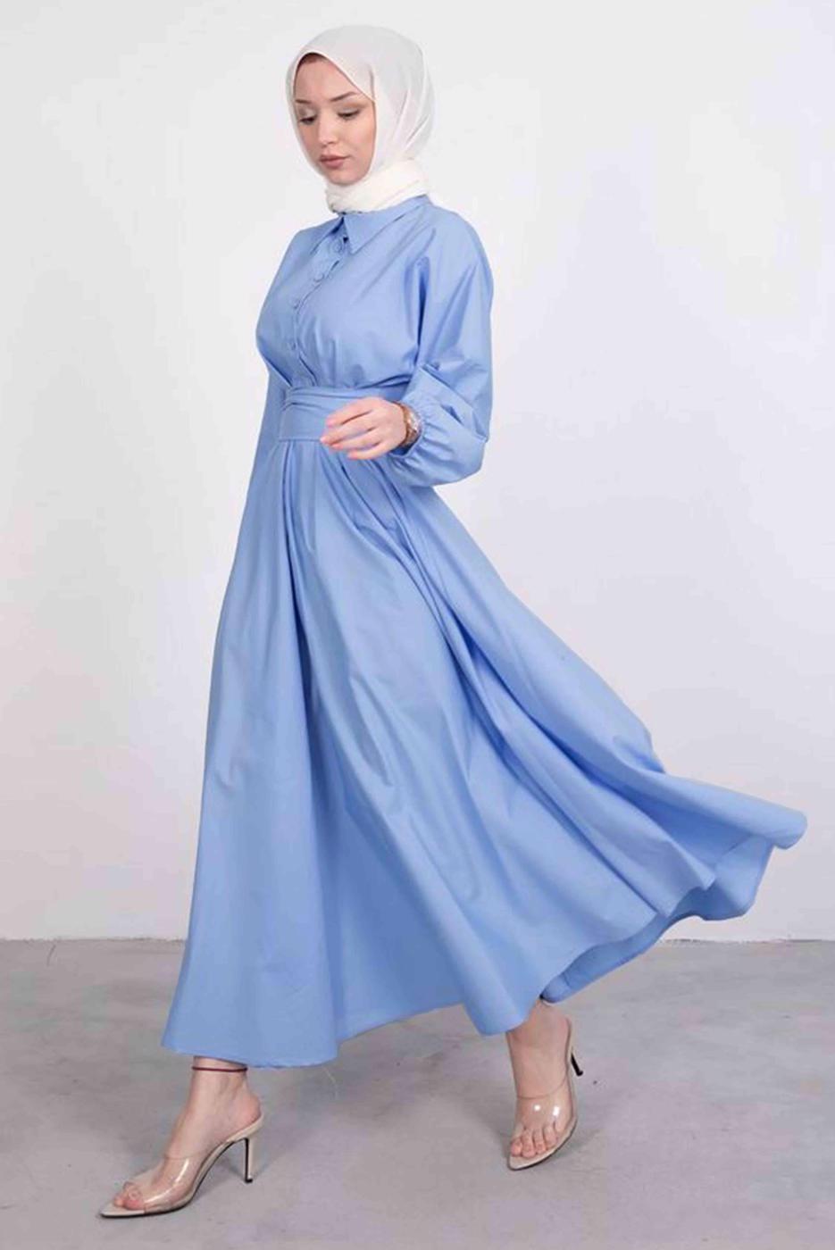 Tesettür giyim MAVİ GÖMLEK YAKA KUŞAKLI ELBİSE T 9005