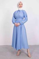 Tesettür giyim MAVİ GÖMLEK YAKA KUŞAKLI ELBİSE T 9005