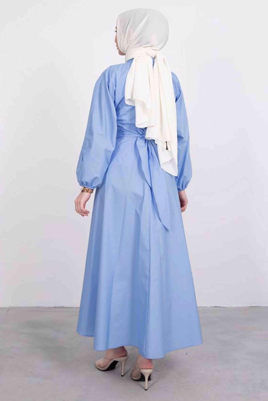 Tesettür giyim MAVİ GÖMLEK YAKA KUŞAKLI ELBİSE T 9005