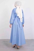 Tesettür giyim MAVİ GÖMLEK YAKA KUŞAKLI ELBİSE T 9005