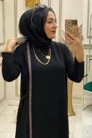 Tesettür giyim SİYAH ŞERİT DETAYLI BİSİKLET YAKA ELBİSE T 90325