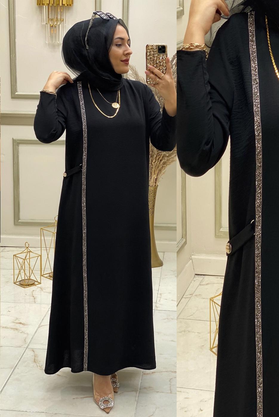 Tesettür giyim SİYAH ŞERİT DETAYLI BİSİKLET YAKA ELBİSE T 90325