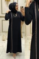 Tesettür giyim SİYAH ŞERİT DETAYLI BİSİKLET YAKA ELBİSE T 90325