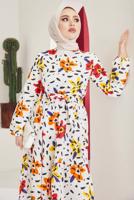 Tesettür giyim KREM ÇİÇEK DESENLİ KUŞAKLI ELBİSE T 904