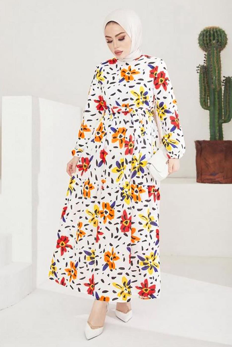 Tesettür giyim KREM ÇİÇEK DESENLİ KUŞAKLI ELBİSE T 904
