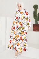 Tesettür giyim KREM ÇİÇEK DESENLİ KUŞAKLI ELBİSE T 904