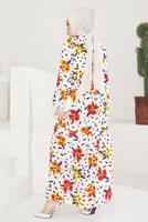 Tesettür giyim KREM ÇİÇEK DESENLİ KUŞAKLI ELBİSE T 904