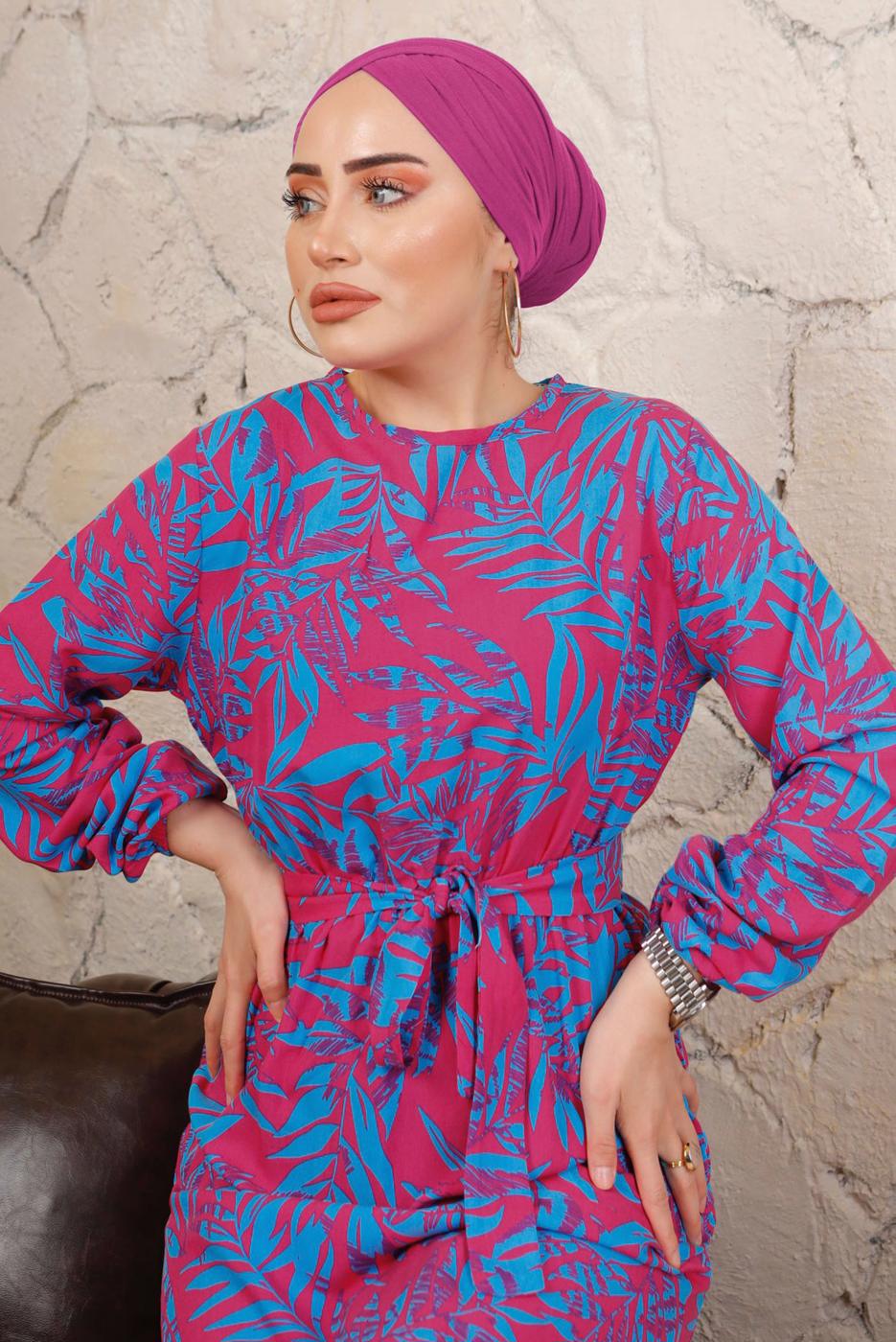 Tesettür giyim FUŞYA DESENLİ BELİ LASTİKLİ KUŞAKLI ELBİSE T 9113