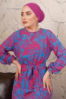 Tesettür giyim FUŞYA DESENLİ BELİ LASTİKLİ KUŞAKLI ELBİSE T 9113