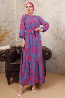 Tesettür giyim FUŞYA DESENLİ BELİ LASTİKLİ KUŞAKLI ELBİSE T 9113