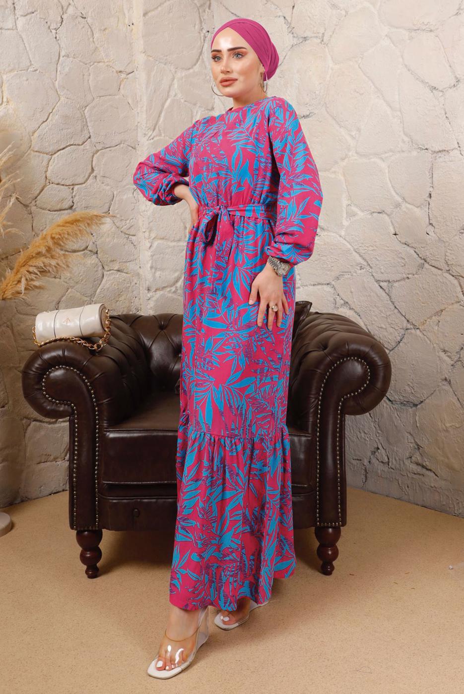 Tesettür giyim FUŞYA DESENLİ BELİ LASTİKLİ KUŞAKLI ELBİSE T 9113