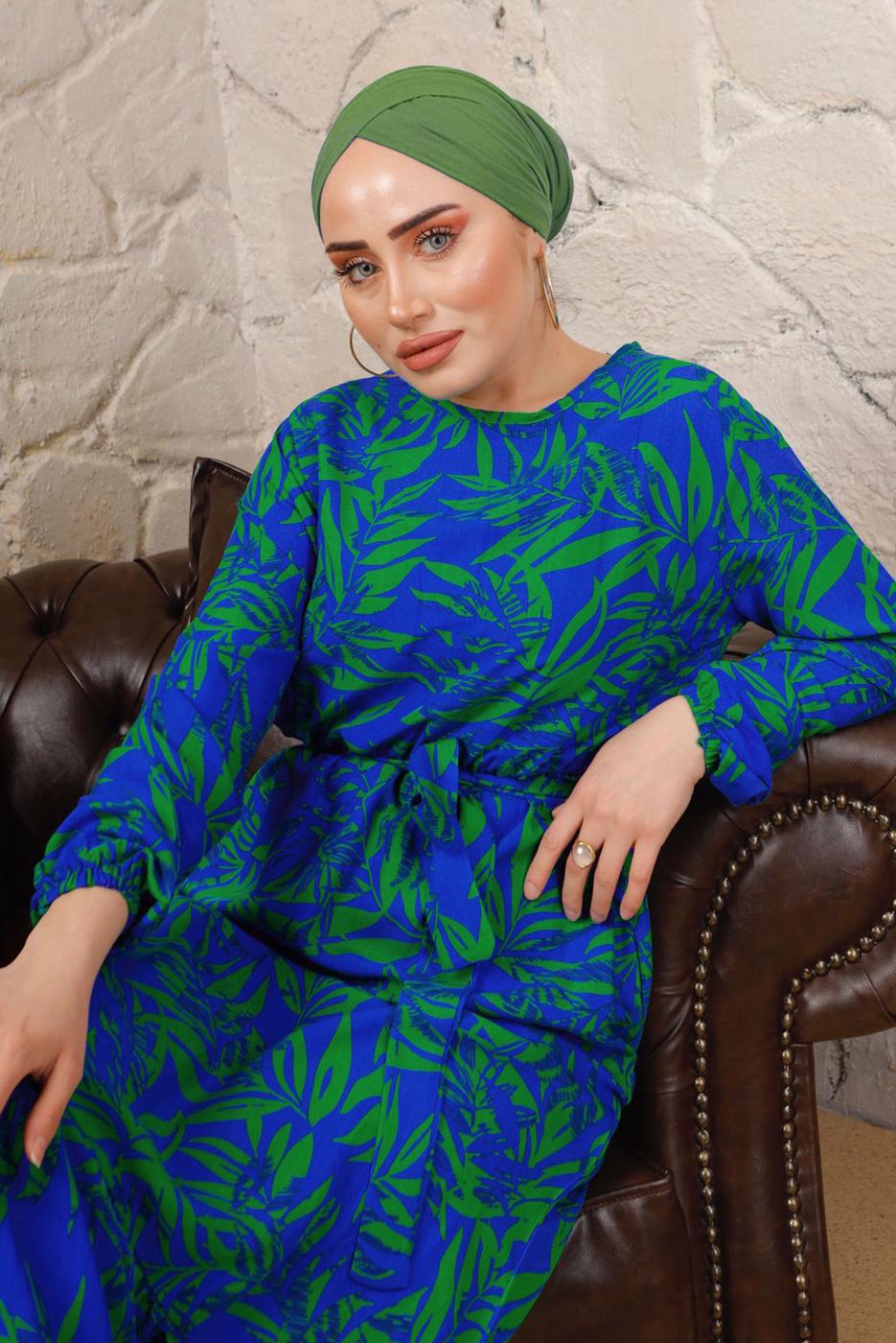 Tesettür giyim LACİVERT DESENLİ BELİ LASTİKLİ KUŞAKLI ELBİSE T 9113