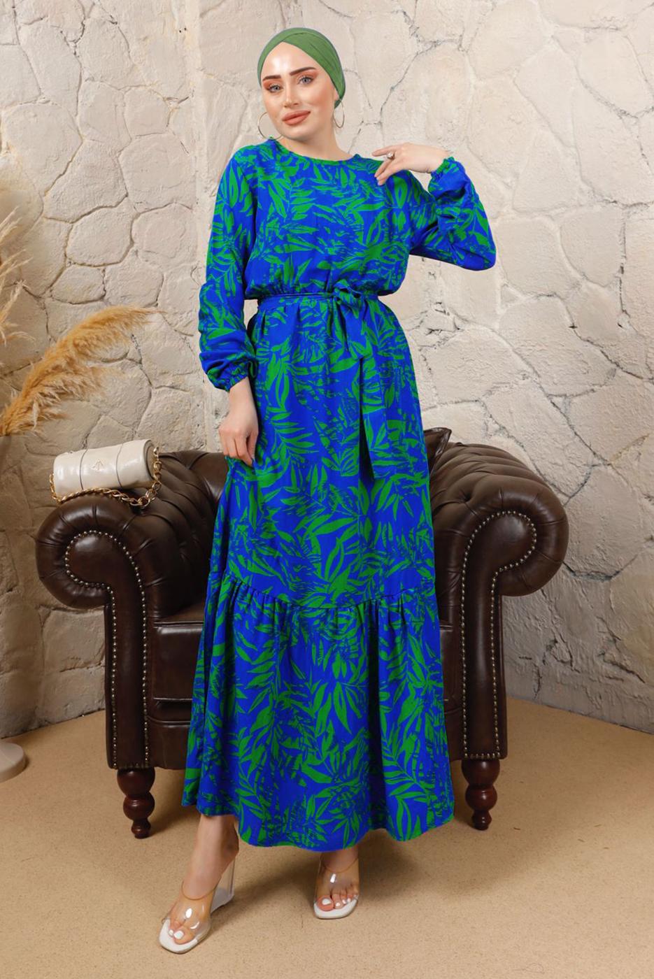 Tesettür giyim LACİVERT DESENLİ BELİ LASTİKLİ KUŞAKLI ELBİSE T 9113