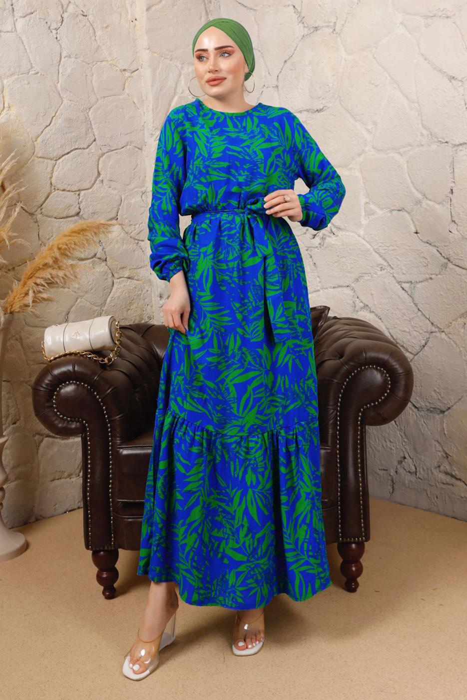 Tesettür giyim LACİVERT DESENLİ BELİ LASTİKLİ KUŞAKLI ELBİSE T 9113