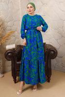 Tesettür giyim LACİVERT DESENLİ BELİ LASTİKLİ KUŞAKLI ELBİSE T 9113