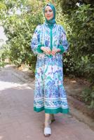 Tesettür giyim YEŞİL ETNİK DESENLİ DÜĞMELİ ELBİSE T 9433